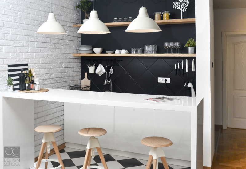 Organized white and blue kitchen.