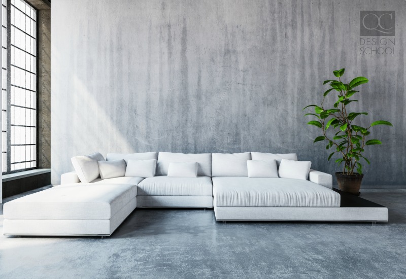 slate grey room with white couch and plant minimalist design