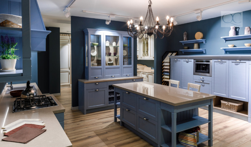 blue cabinetry and kitchen - blue is trendy for 2019 interior decorating and interior design