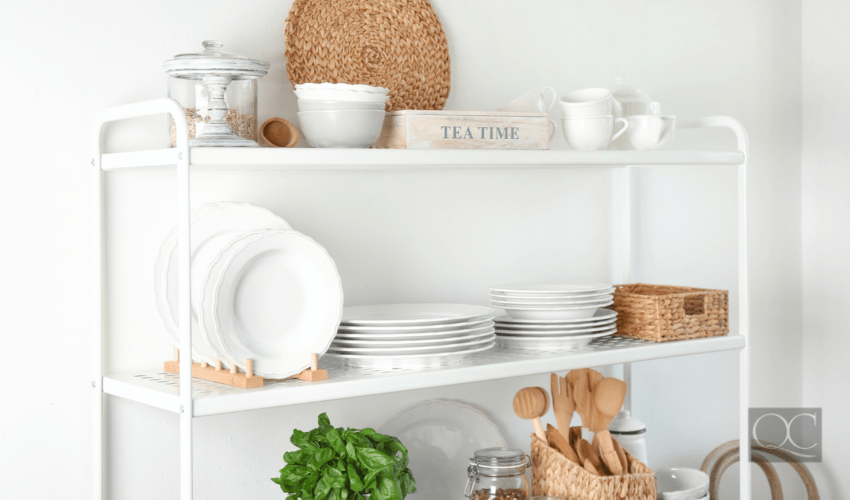 Storage stand with kitchenware, indoors