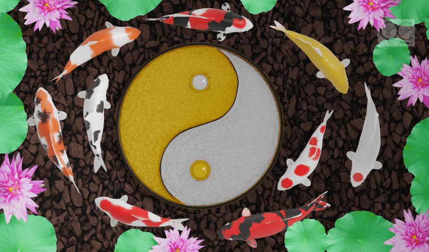 feng shui yin and yang symbol with fish swimming around it