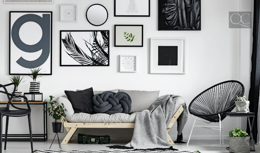 monochromatic-themed room with no clear focal point