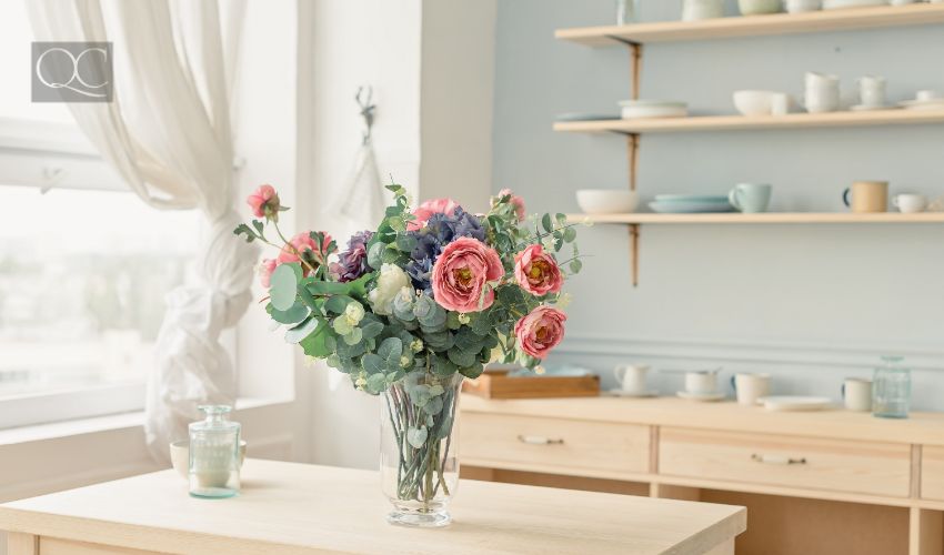 Flowers in vase on the table at modern kitchen