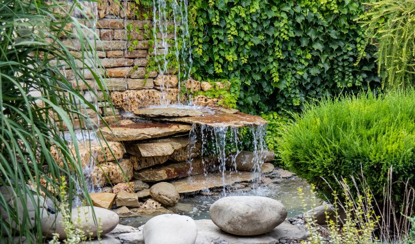 A small decorative waterfall in the garden. Landscape design.