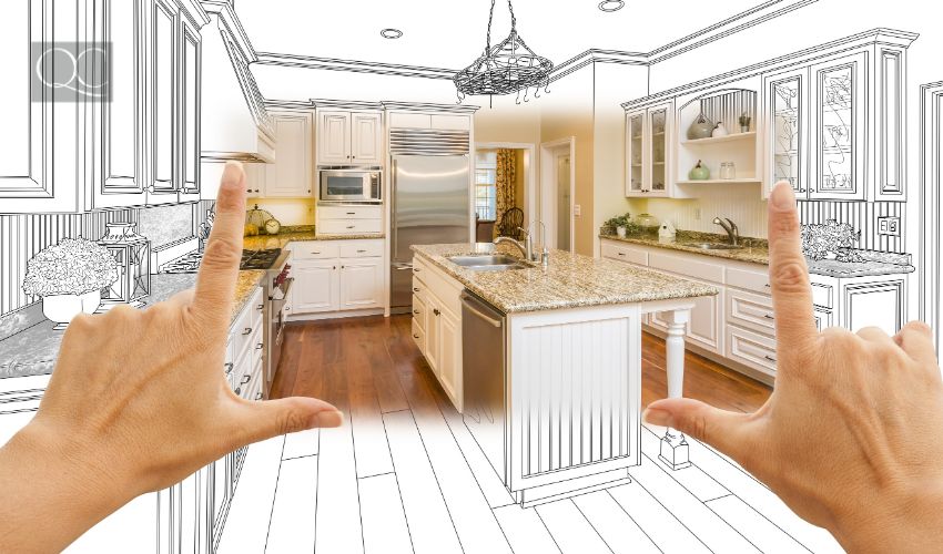 Female Hands Framing Custom Kitchen Design Drawing and Square Photo Combination.