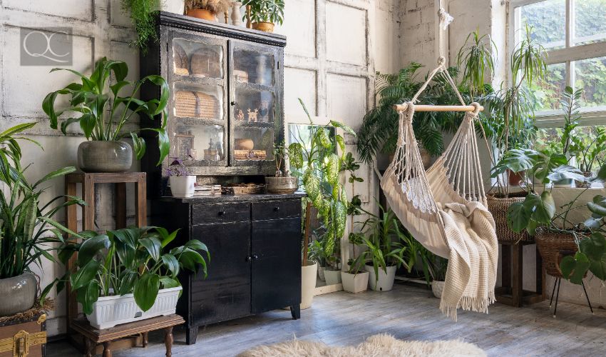 Cozy rope swing in living room with green houseplants in flower pot and black vintage chest of drawers. Comfort room with furniture in house with modern interior design