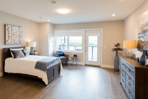 Bedroom model suite Aquatria Retirement Residence - Staging and Design by QC Design School graduate Chantal Marion